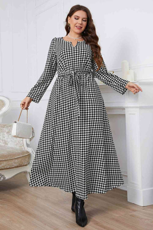 Melo Apparel Plus Size Notched Neck Houndstooth Tie Belt Maxi Dress