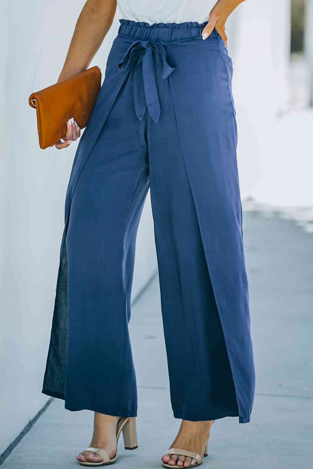 Paperbag Waist Tie Front Wide Leg Pants