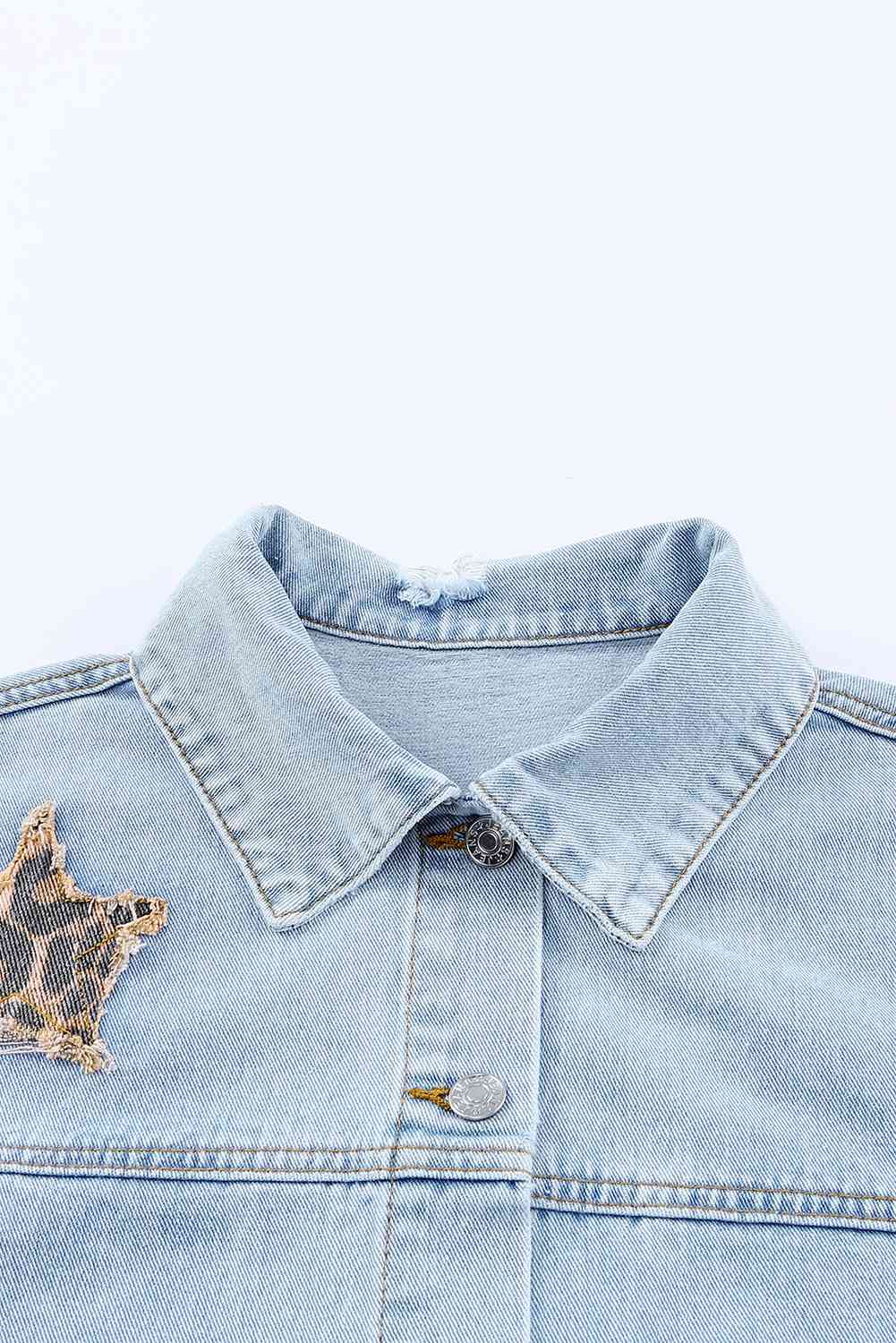 Leopard Star Applique Distressed Denim Jacket