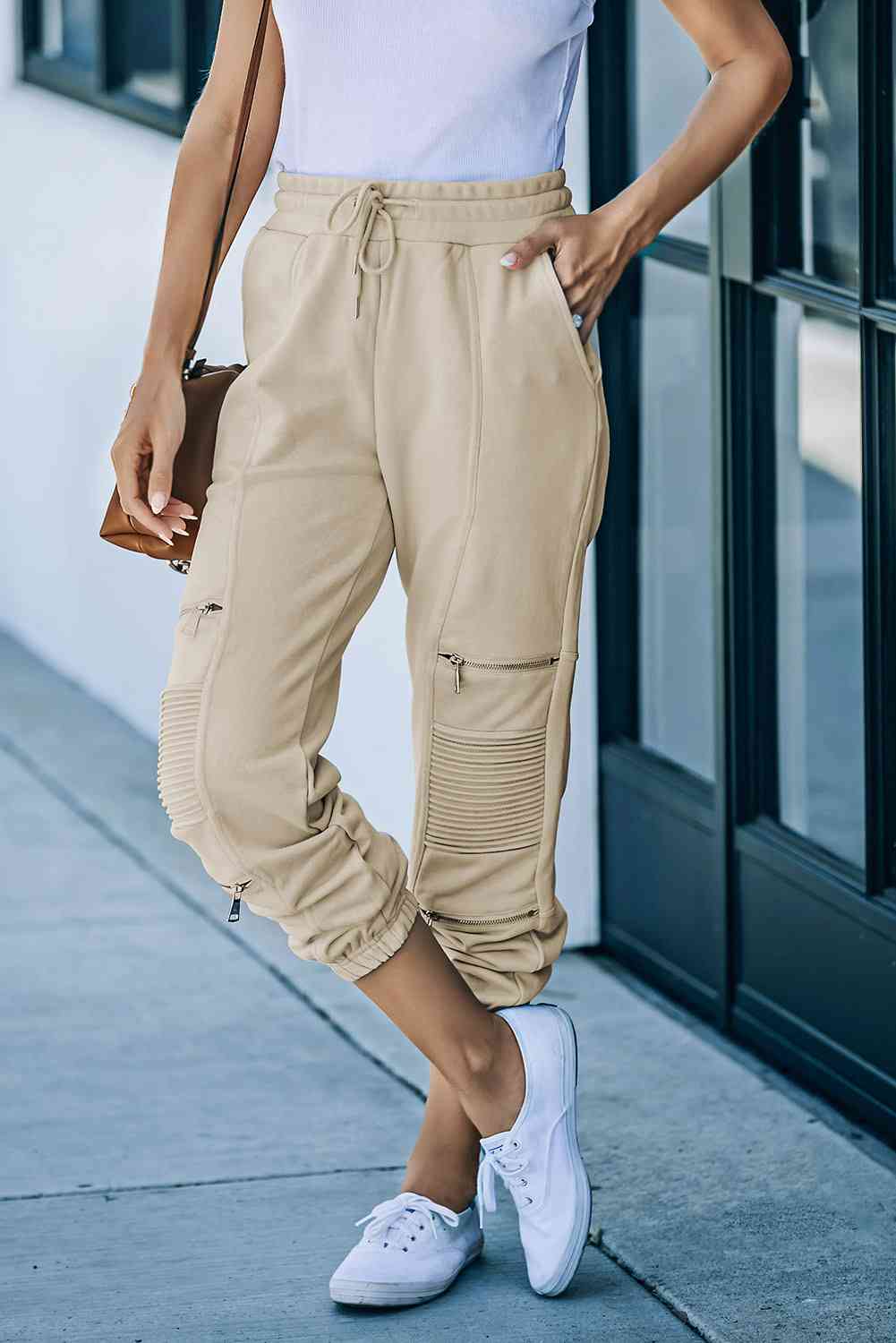 Drawstring Waist Zip Detail Joggers with Pockets