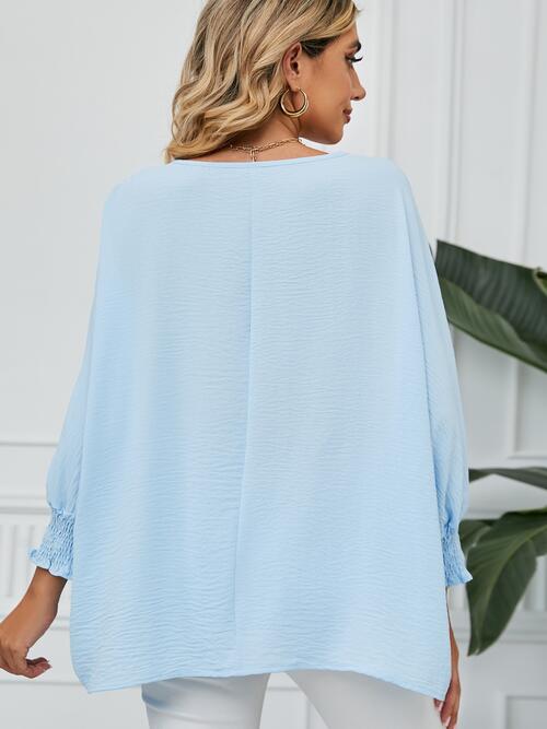 Smocked Lantern Sleeve Round Neck Blouse