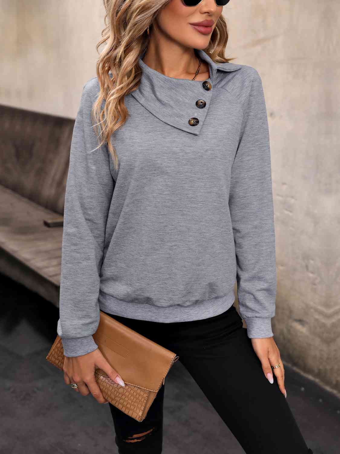 Mock Neck Raglan Sleeve Buttoned Sweatshirt