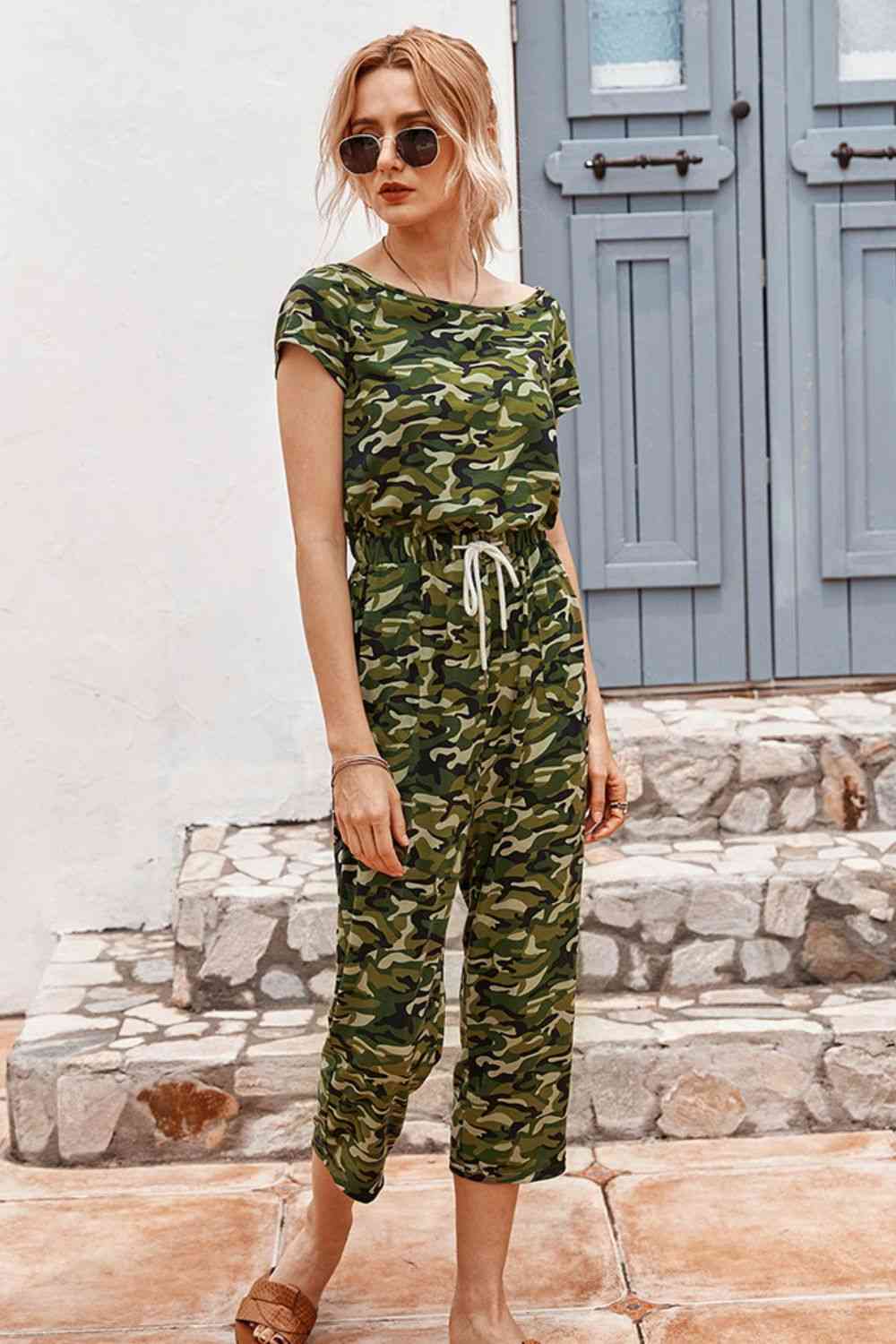 Camouflage Drawstring Crop Leg Jumpsuit