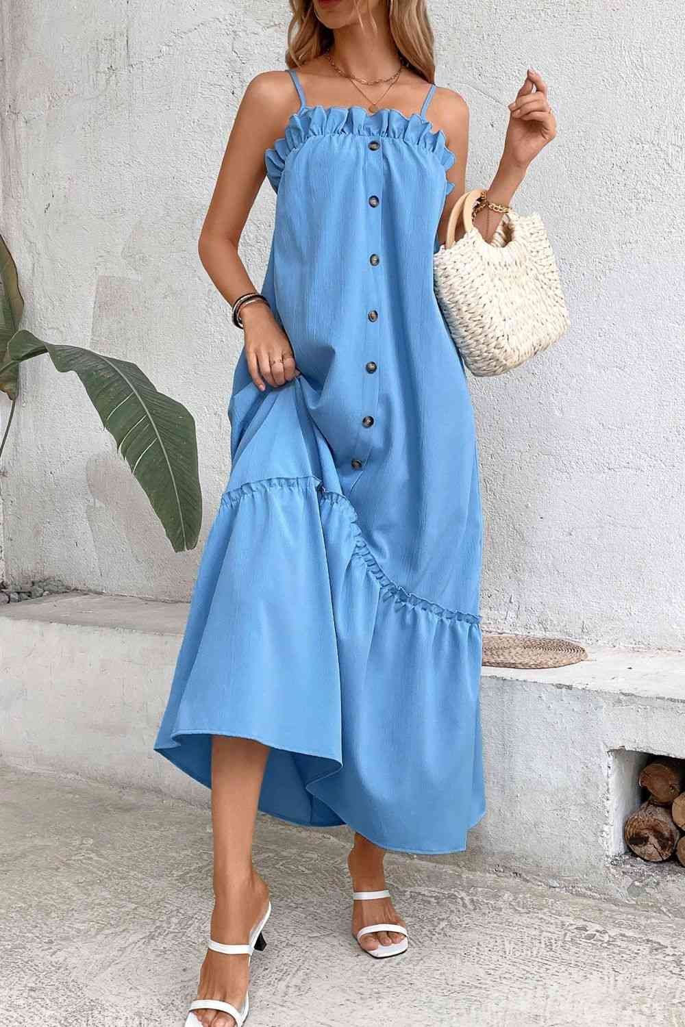 Ruffle Trim Buttoned Sleeveless Maxi Dress