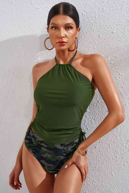 Drawstring Ruched Halter Neck Swim Top and Camouflage Bottoms Set