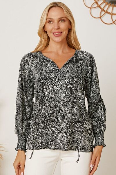 Printed Tie Neck Lantern Sleeve Blouse