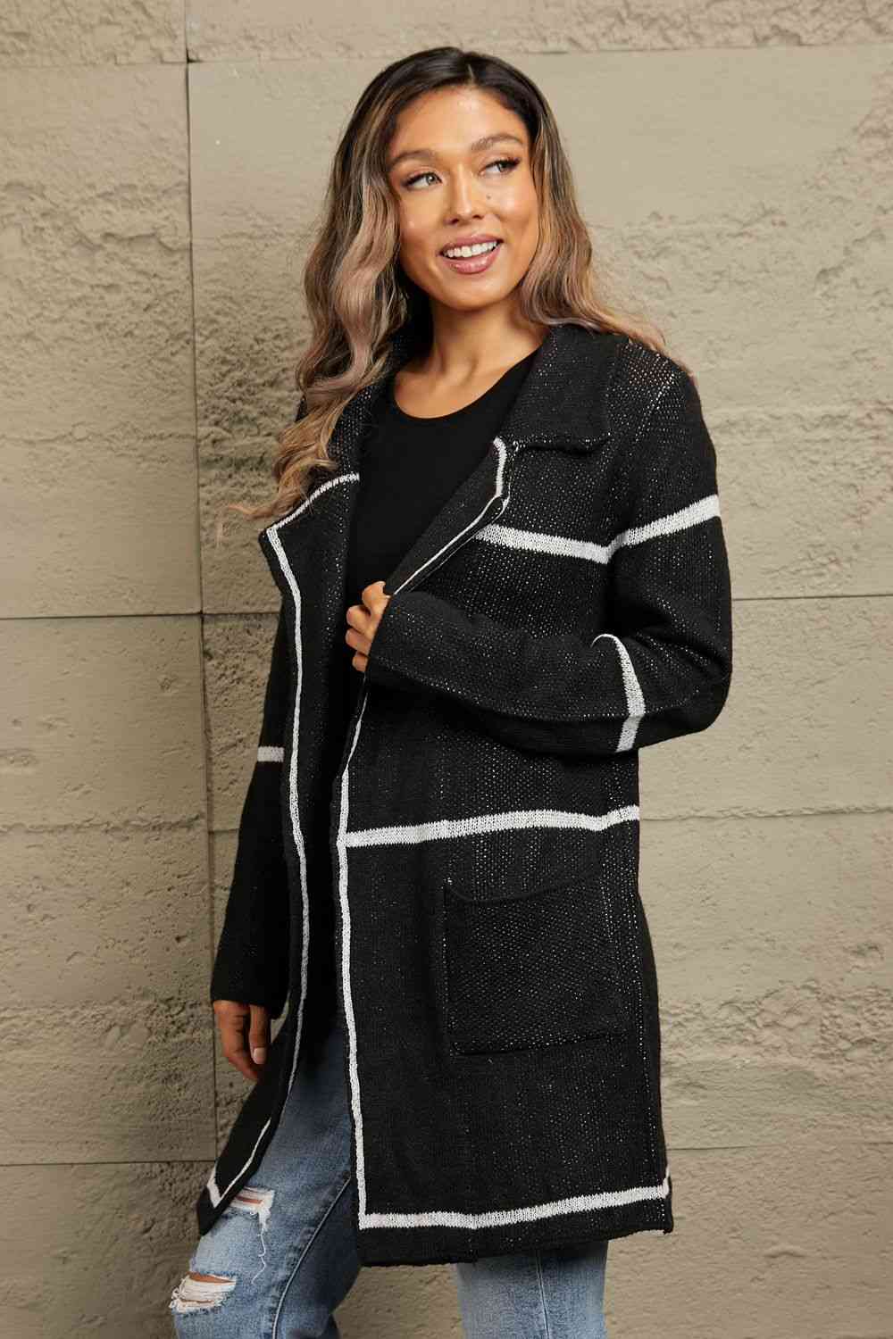 Double Take Striped Contrast Open Front Lapel Collar Cardigan with Pockets