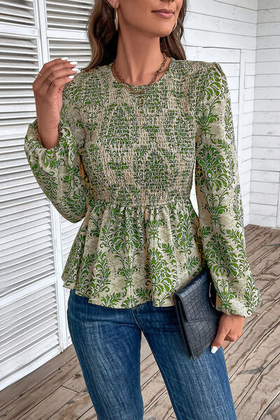 Smocked Printed Balloon Sleeve Blouse