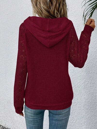 Waffle-Knit Lace Kangaroo Pocket Hoodie