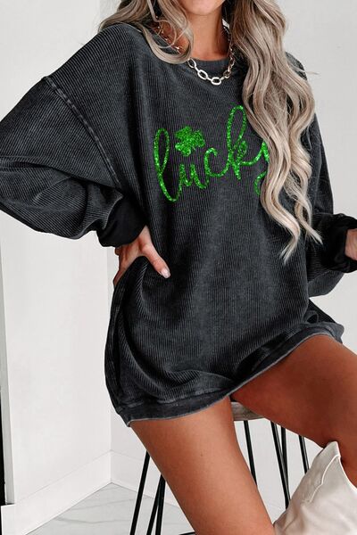 LUCKY Round Neck Dropped Shoulder Sweatshirt