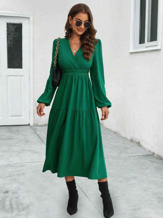 Surplice Neck Long Sleeve Midi Dress