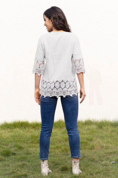 Tie Neck Lace Detail Half Sleeve Blouse