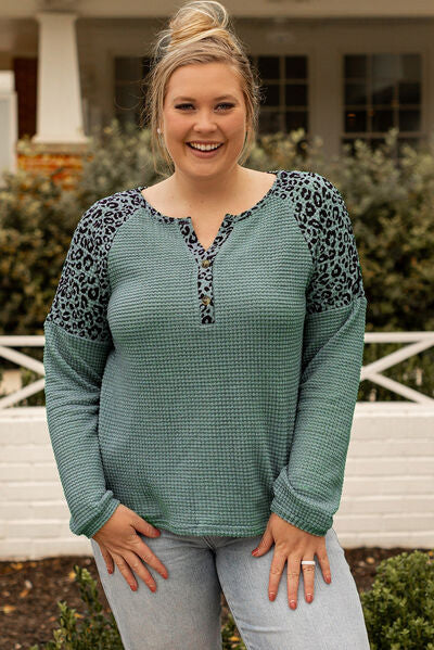 Plus Size Leopard Waffle-Knit Long Sleeve T-Shirt