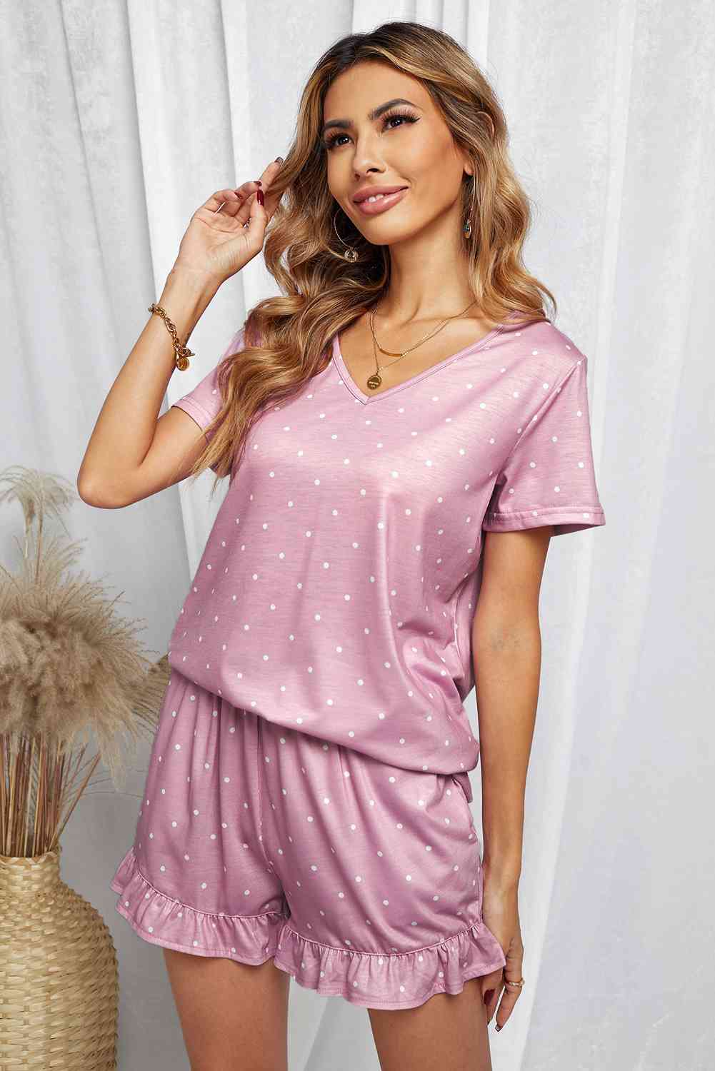 Polka Dot V-Neck Top and Ruffled Shorts Lounge Set