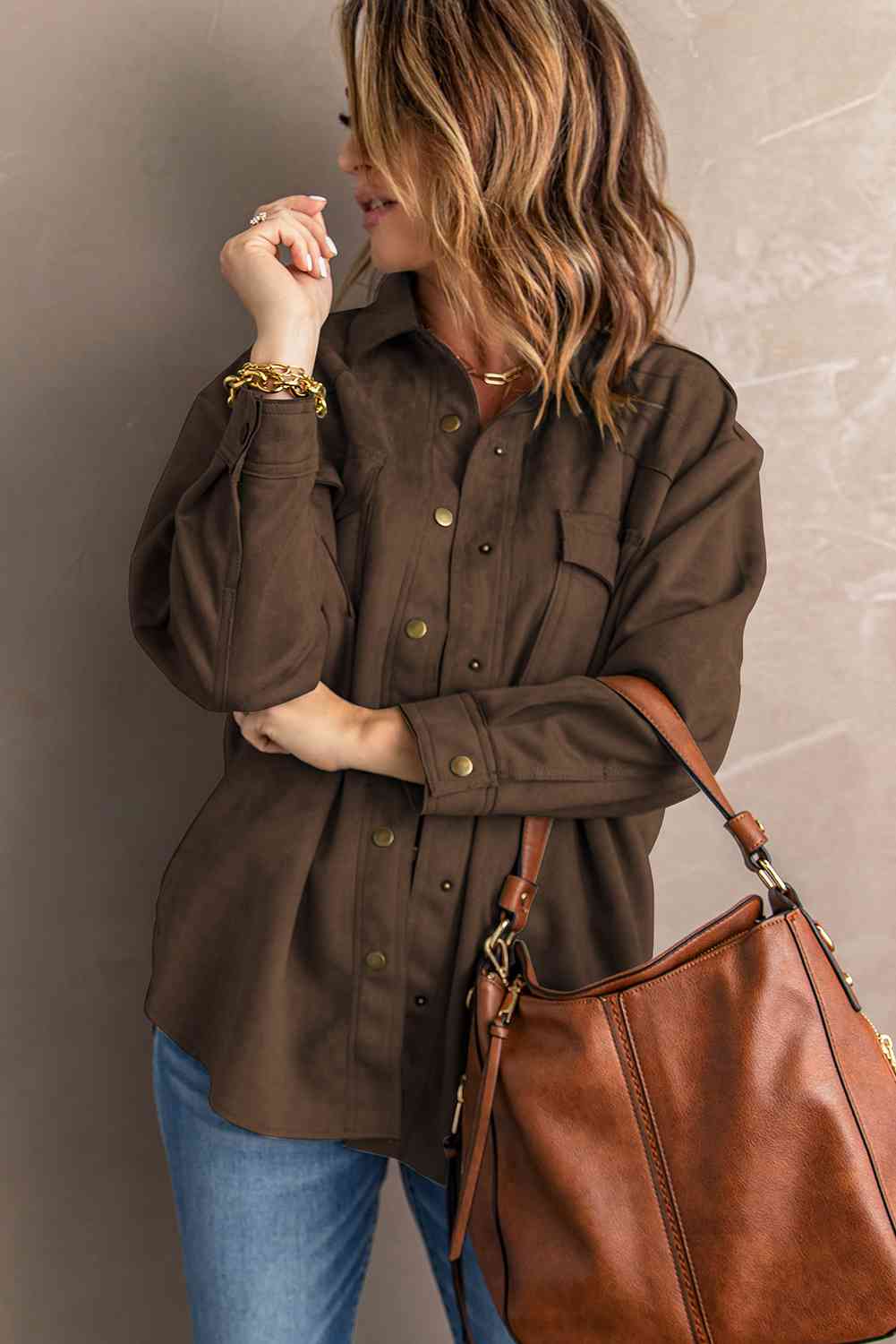 Double Take Suede Snap Front Dropped Shoulder Jacket