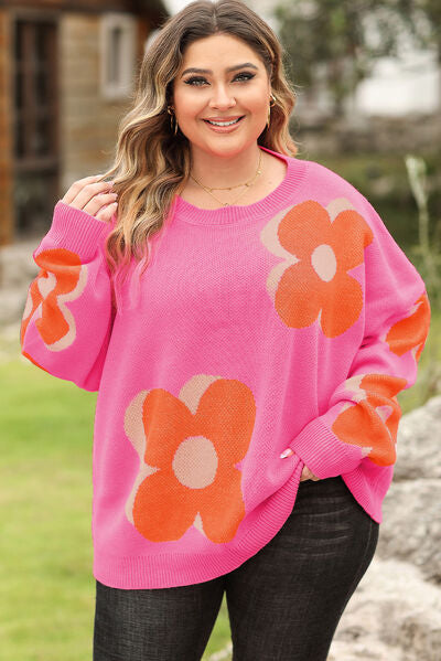 Plus Size Flower Graphic Round Neck Dropped Shoulder Sweater