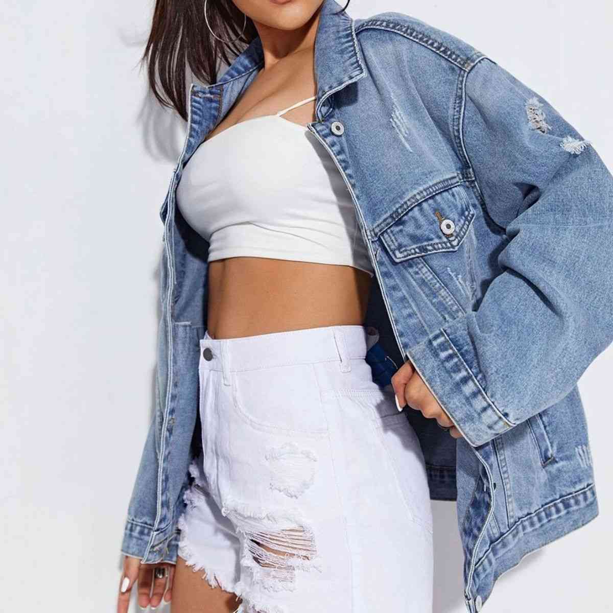 Collared Neck Button-Up Distressed Denim Jacket