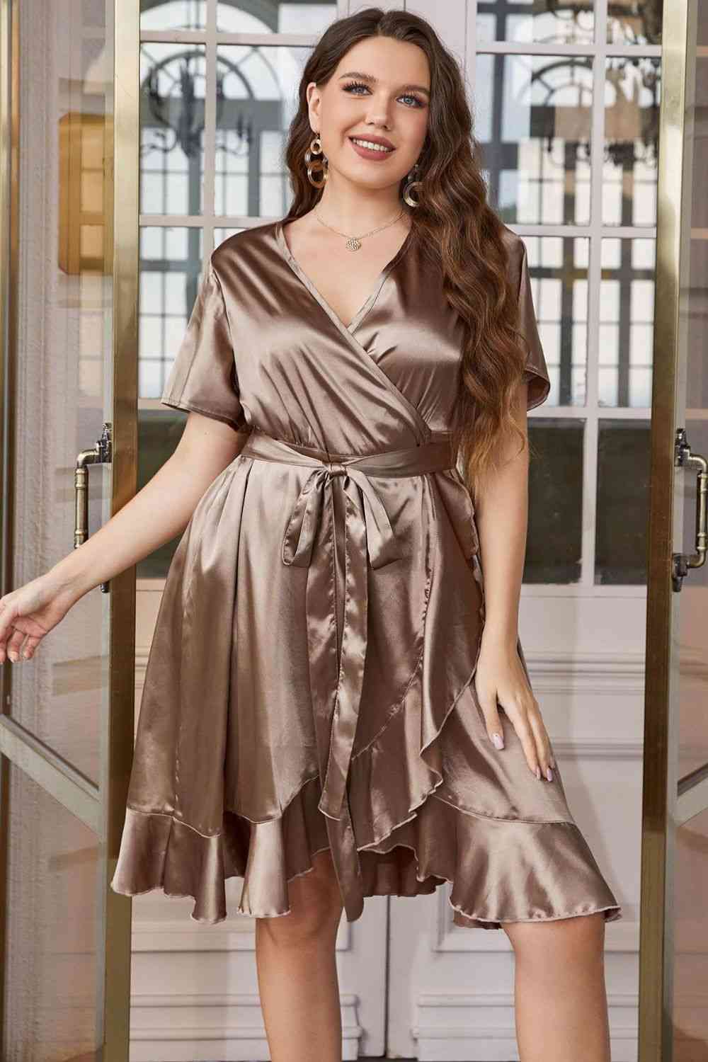 Plus Size Belted Ruffled Surplice Dress