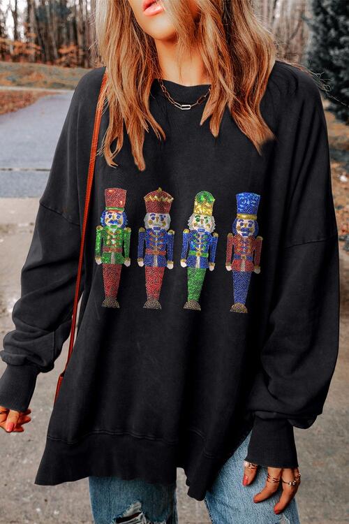 Sequin Nutcracker Long Sleeve Slit Sweatshirt