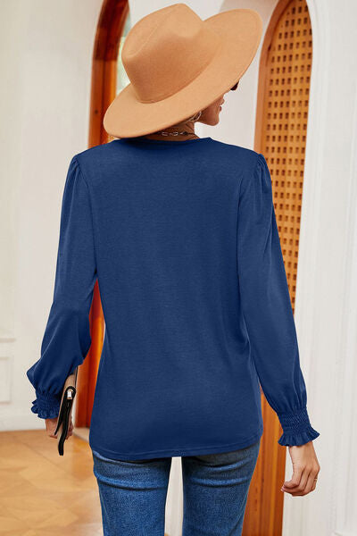 Lace Detail V-Neck Lantern Sleeve T-Shirt