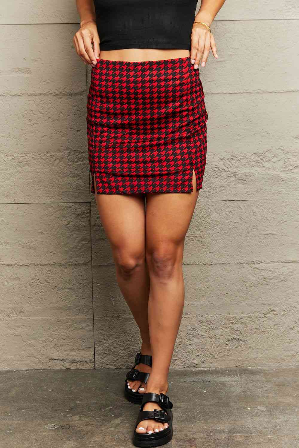 Houndstooth Slit Mini Skirt