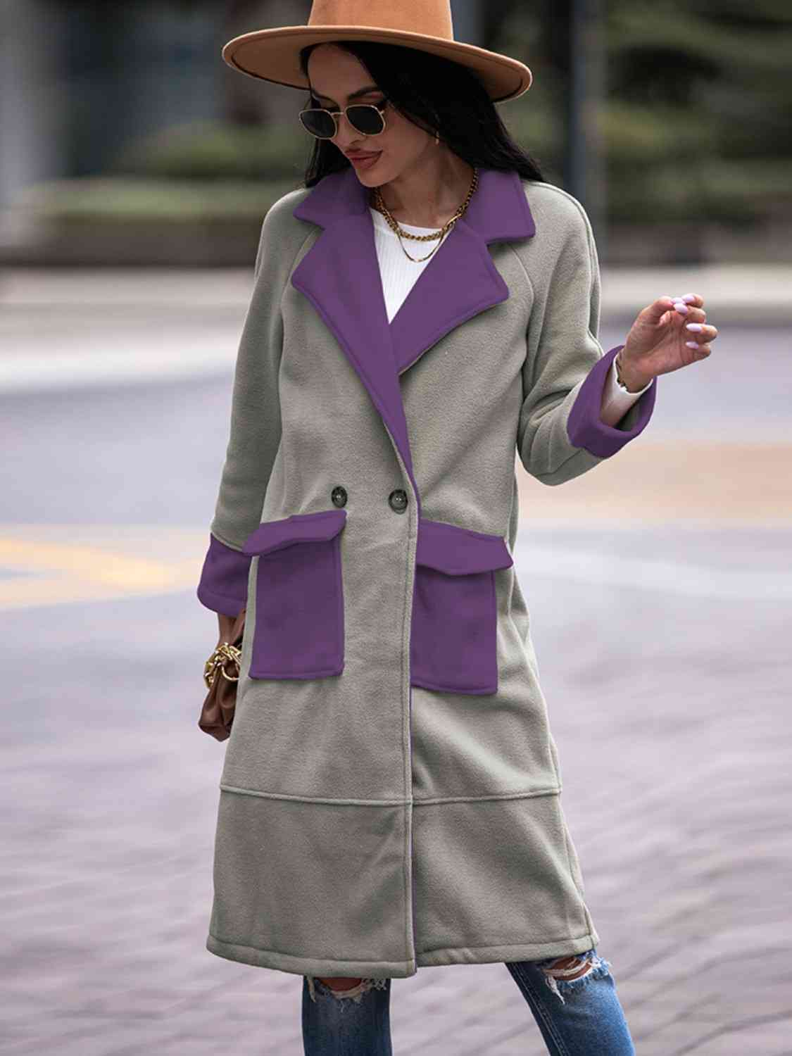 Contrast Lapel Collar Coat with Pockets