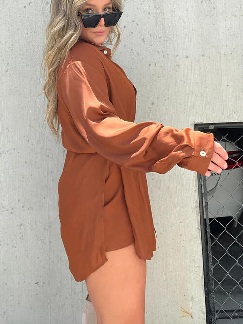 Button Up Long Sleeve Slit Shirt and Shorts Set