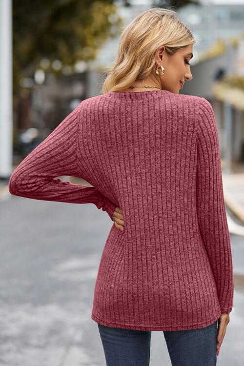 Ribbed Half Button Long Sleeve Knit Top