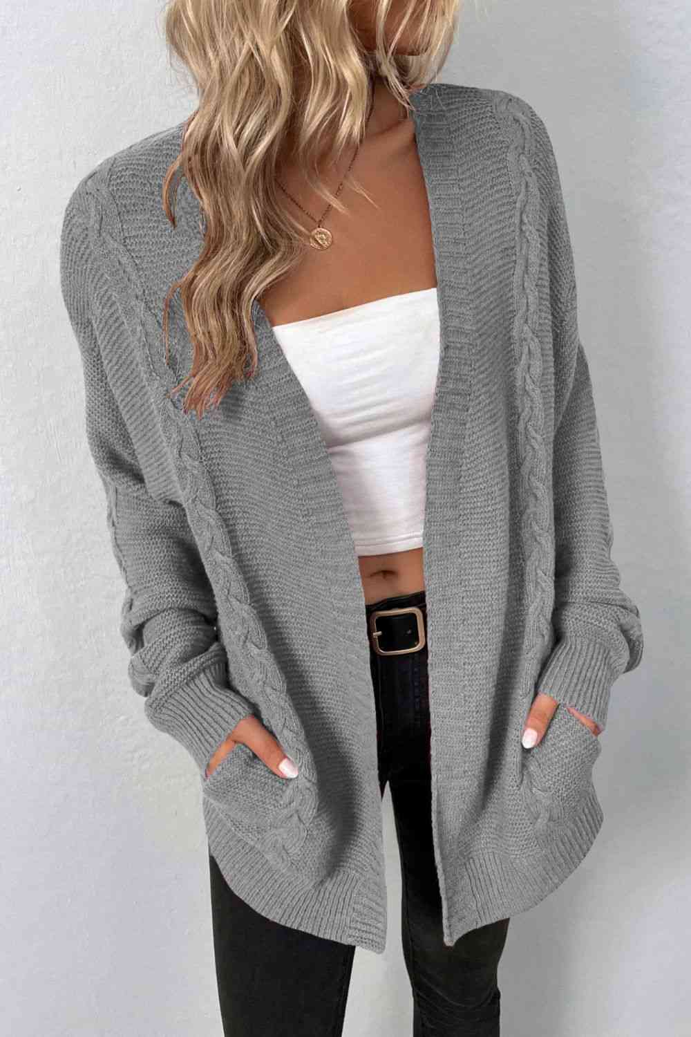 Cable-Knit Open Front Cardigan with Pockets