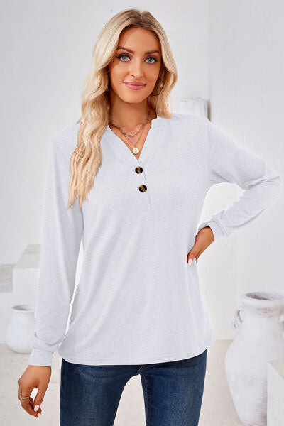 Notched Button Detail Long Sleeve T-Shirt