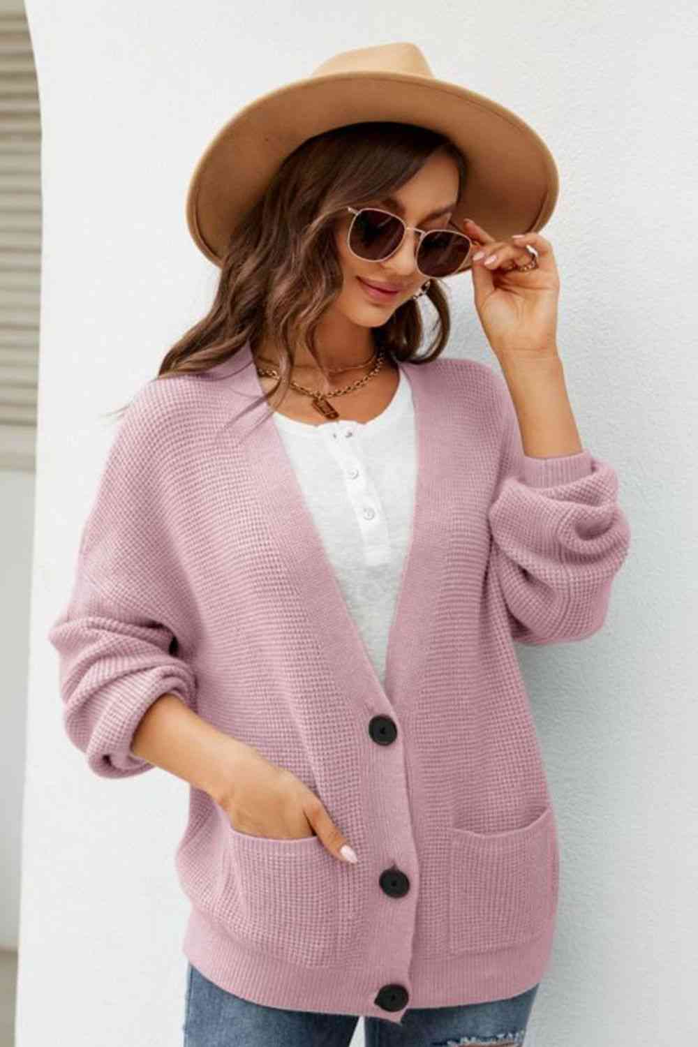 Waffle-Knit Dropped Shoulder Cardigan