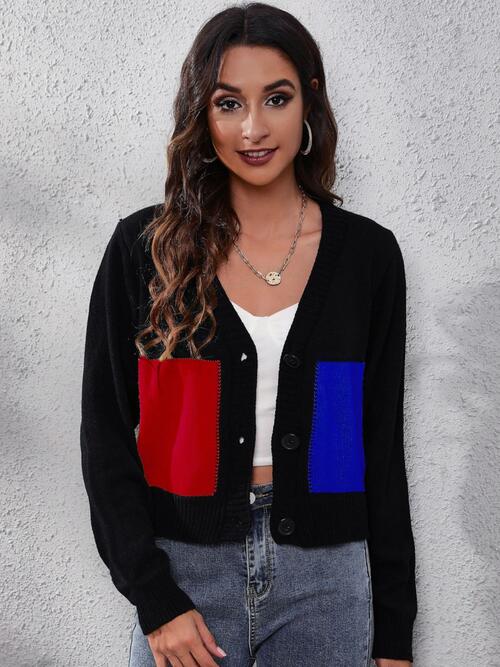 Color Block Button Up Long Sleeve Cardigan