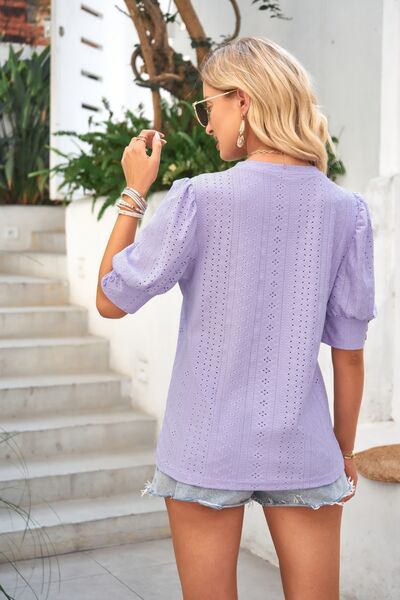 Openwork Round Neck Short Sleeve Blouse