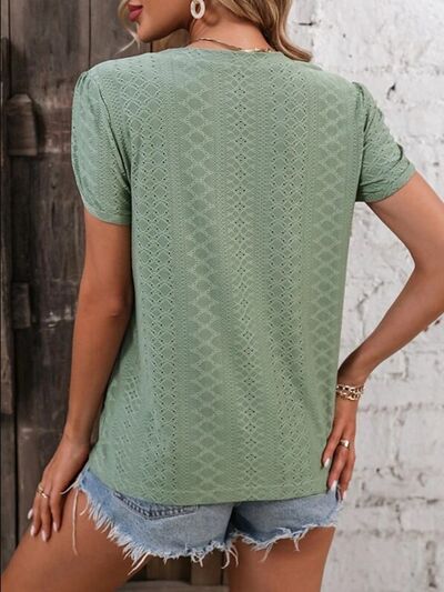 Eyelet V-Neck Petal Sleeve T-Shirt