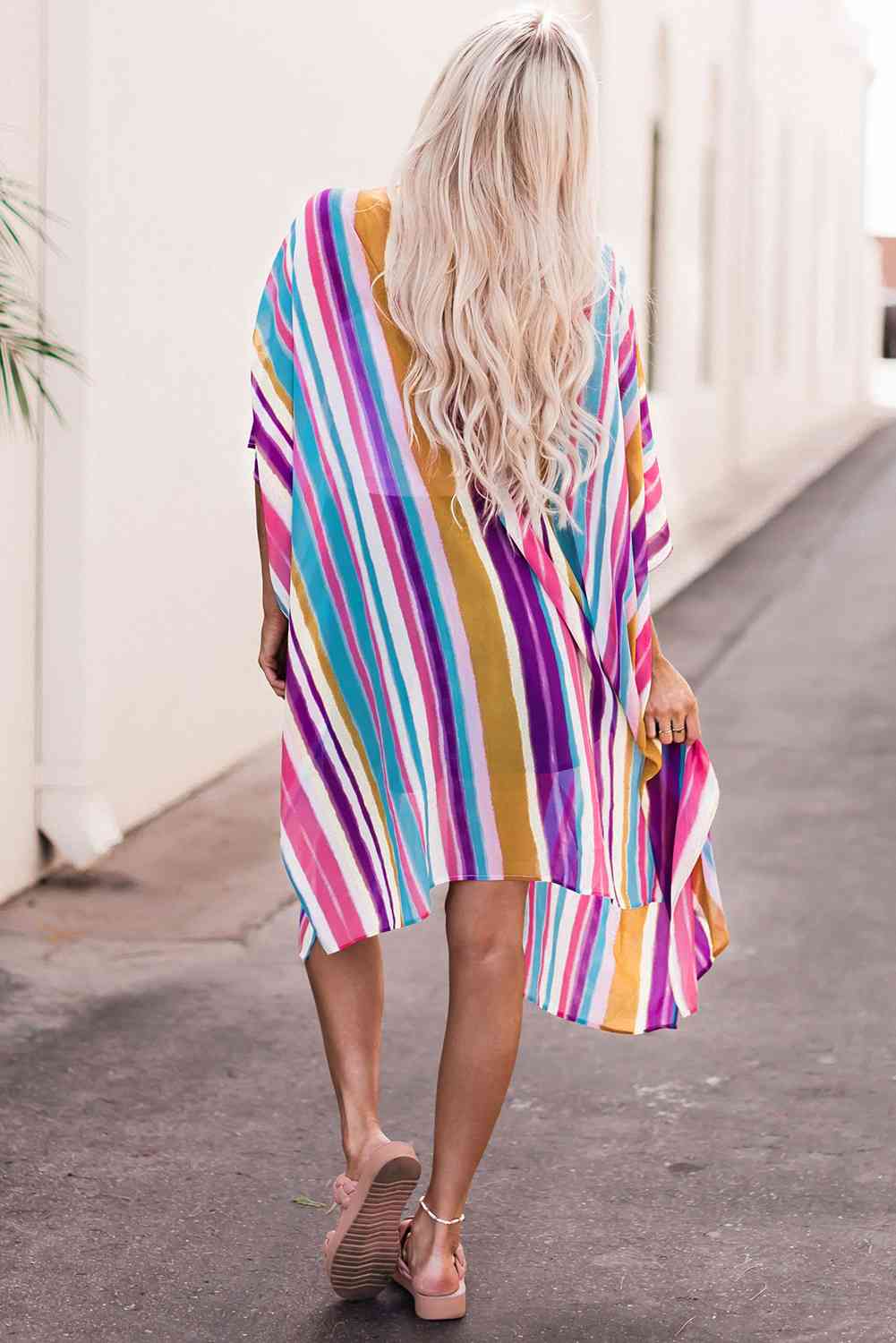 Striped Side Slit Open Front Cardigan