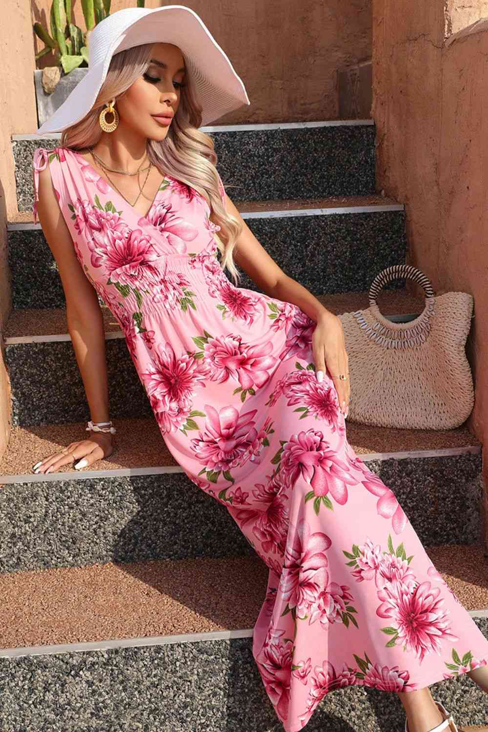 Full Size Tied Smocked Surplice Sleeveless Maxi Dress