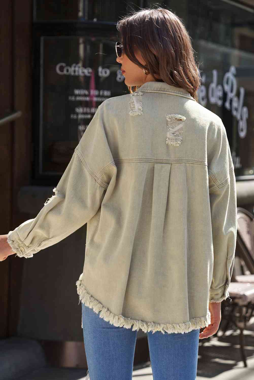 Double Take Distressed Fringe Trim Button Up Jacket