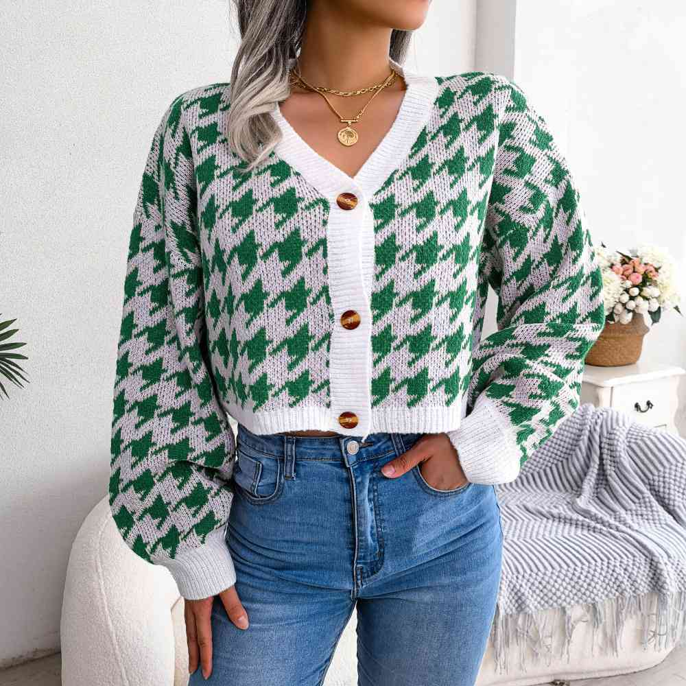 Houndstooth V-Neck Dropped Shoulder Cropped Cardigan