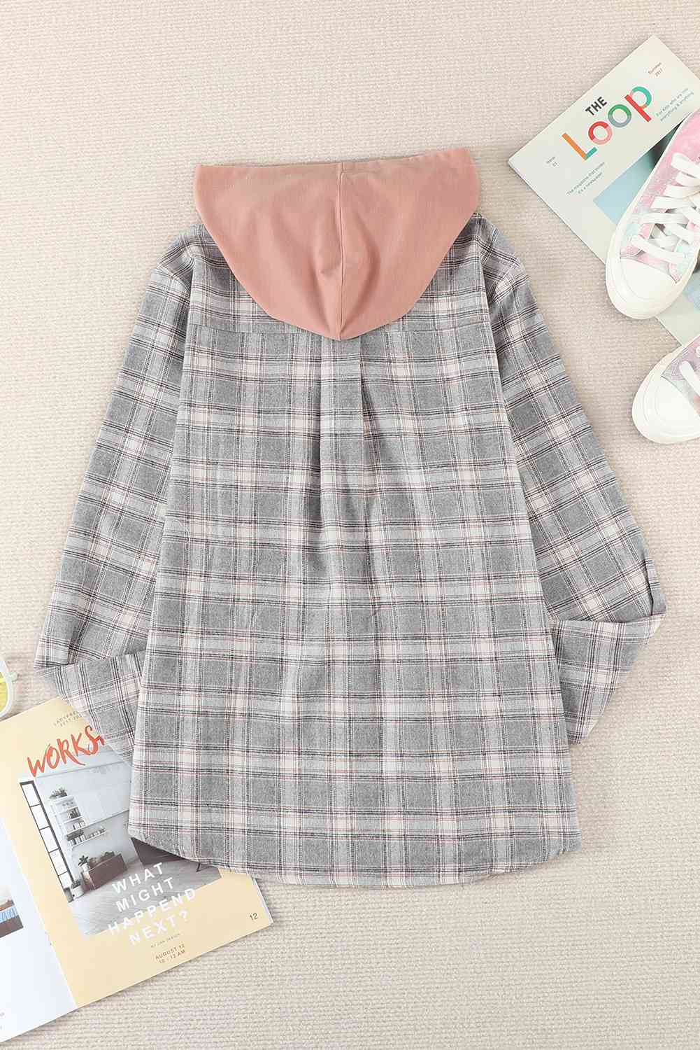 Plaid Drawstring Hooded Shirt Jacket