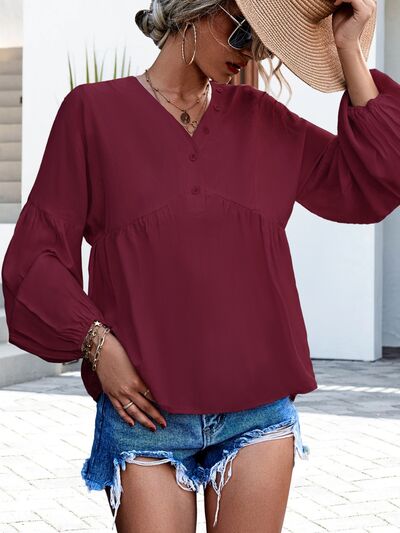 V-Neck Buttoned Balloon Sleeve Blouse