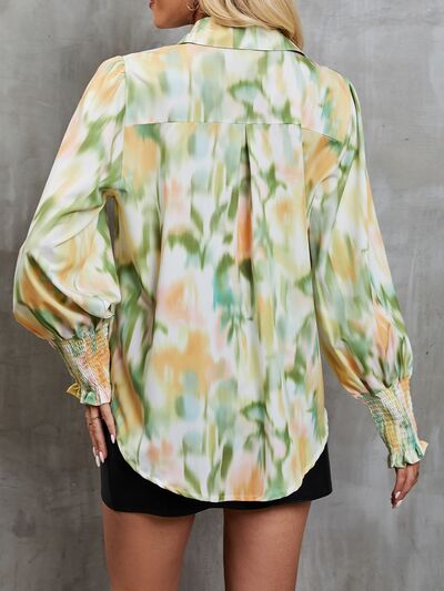 Printed Button Up Lantern Sleeve Shirt