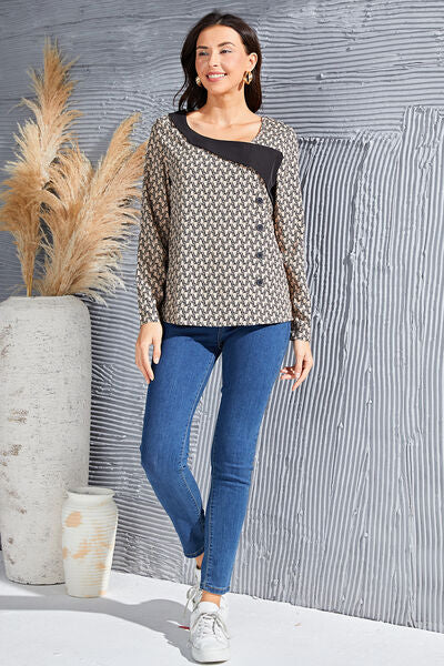 Geometric Asymmetrical Neck Long Sleeve Blouse