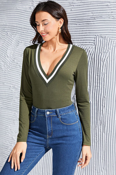 Contrast Ribbed Trim Deep V Bodysuit