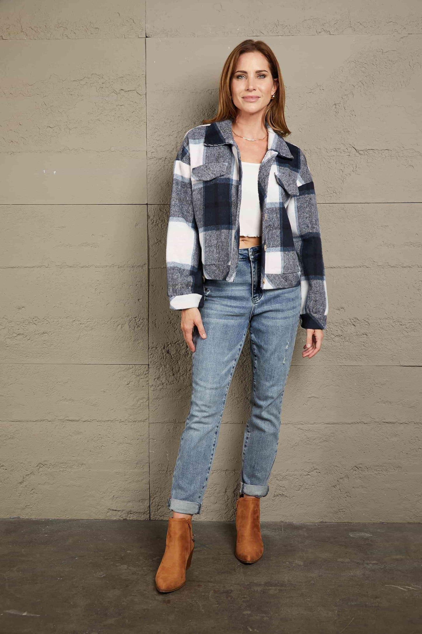 Double Take Plaid Button Front Dropped Shoulder Collared Jacket