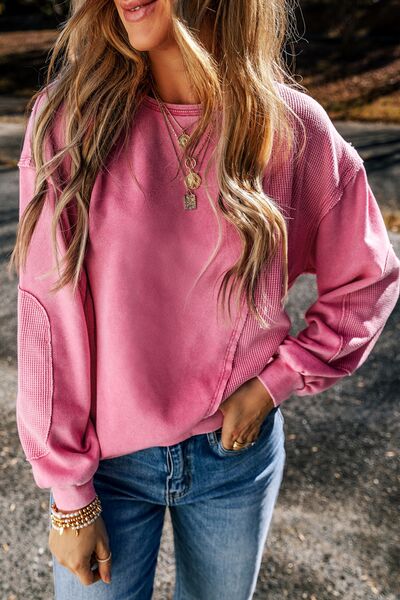 Exposed Seam Round Neck Long Sleeve Sweatshirt