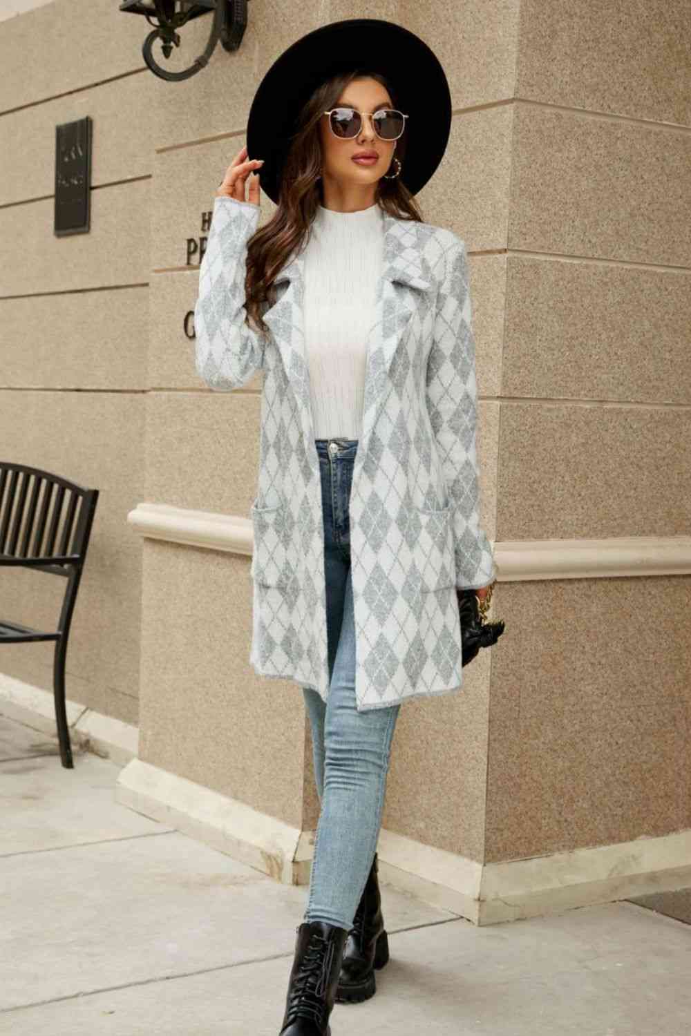 Double Take Printed Open Front Lapel Collar Cardigan with Pockets