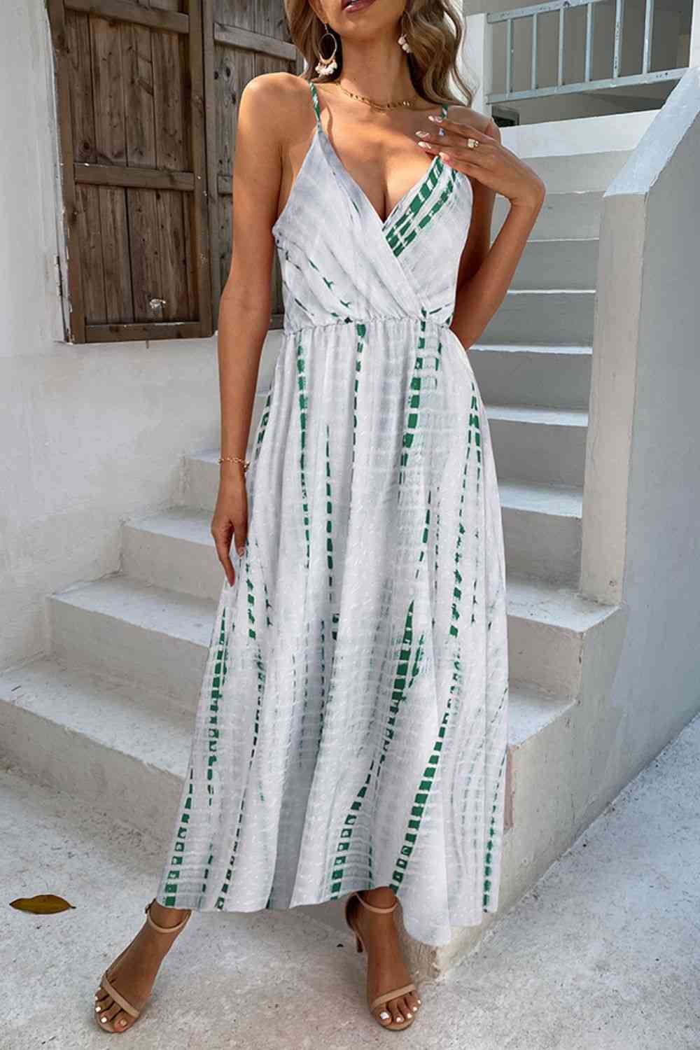 Printed Surplice Adjustable Spaghetti Strap Maxi Dress