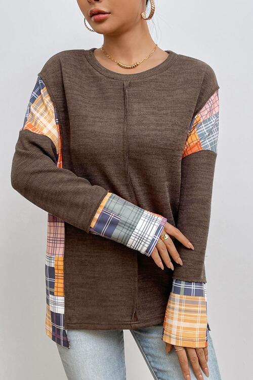 Plaid Exposed Seam Round Neck Sweatshirt