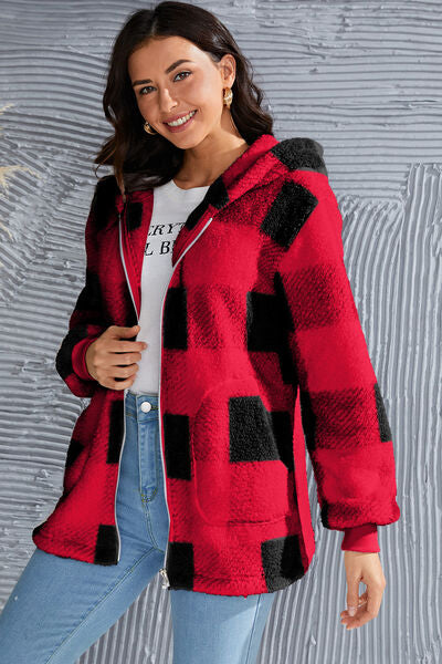 Double Take Full Size Plaid Long Sleeve Hooded Coat