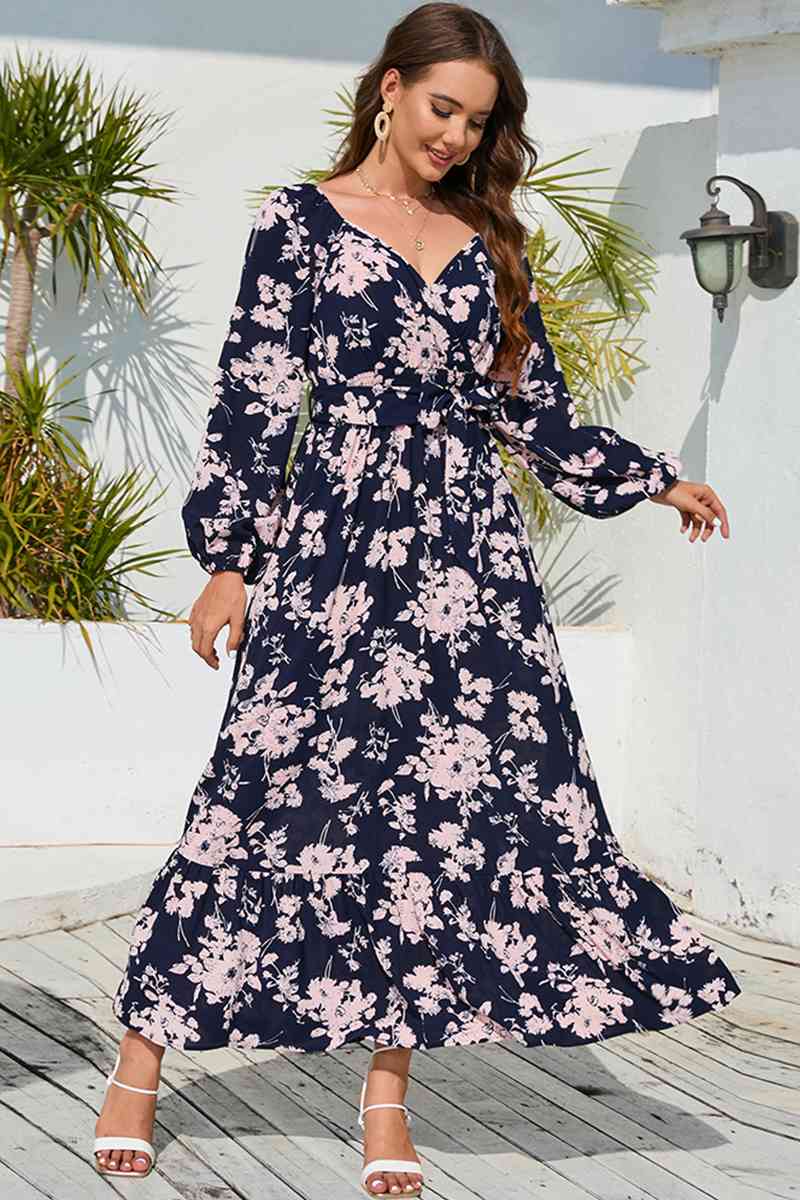 Floral Print V-Neck Long Sleeve Maxi Dress